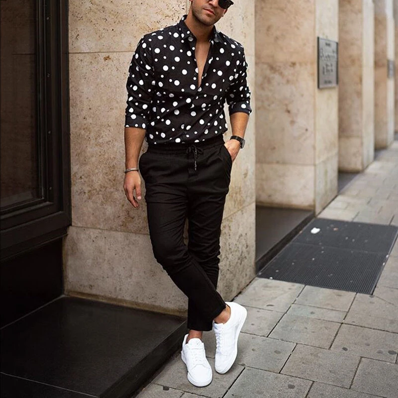 (image for) INCERUN Fashion Men Shirt Polka Dot Print Lapel Long Sleeve Casual Button Business Shirts Streetwear Handsome Camisas S-5XL