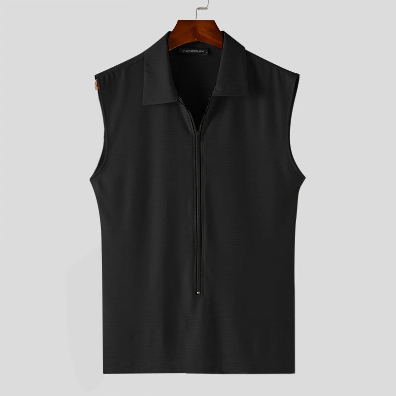 (image for) INCERUN Men Tshirts Male Comfy Lapel Sleeveless Zipper Blouse Streetwear Casual Solid Color T-Shirts Leisure Summer Round Neck Tee Tops