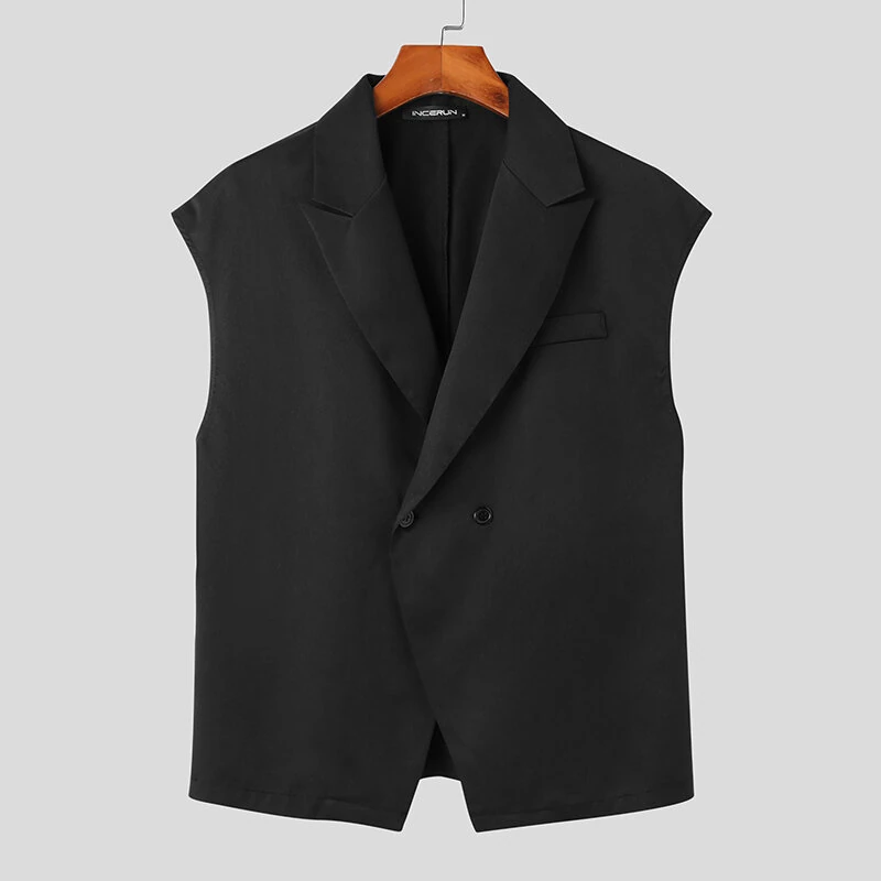(image for) INCERUN Men Waistcoats Solid Color Sleeveless Vest Coat Fashion Design Button Mens Suits Party Casual Male Clothing Top