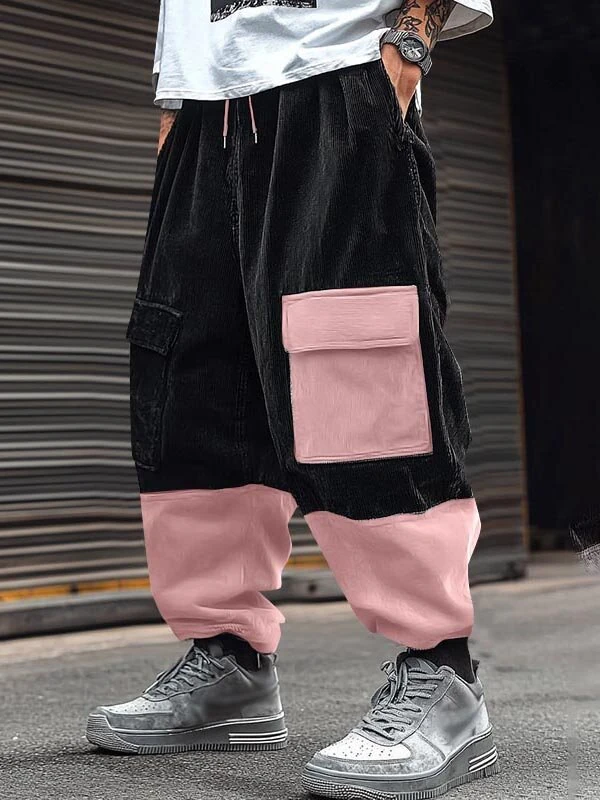 (image for) INCERUN Mens Corduroy Contrast Color Patchwork Casual Pant Comfy Casual Harem Pants Drawstring Elastic Waist Trousers for Male Large Size S-5XL