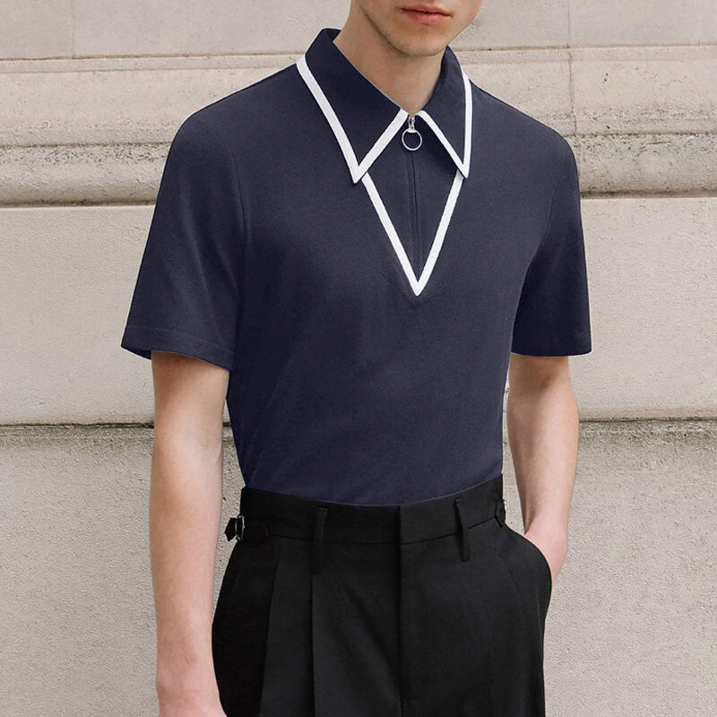 (image for) INCERUN Mens Fashion Design Spliced Collar Shirt Comfortable Fabric Short Sleeve Zipper Lapel Top for Male S-5XL