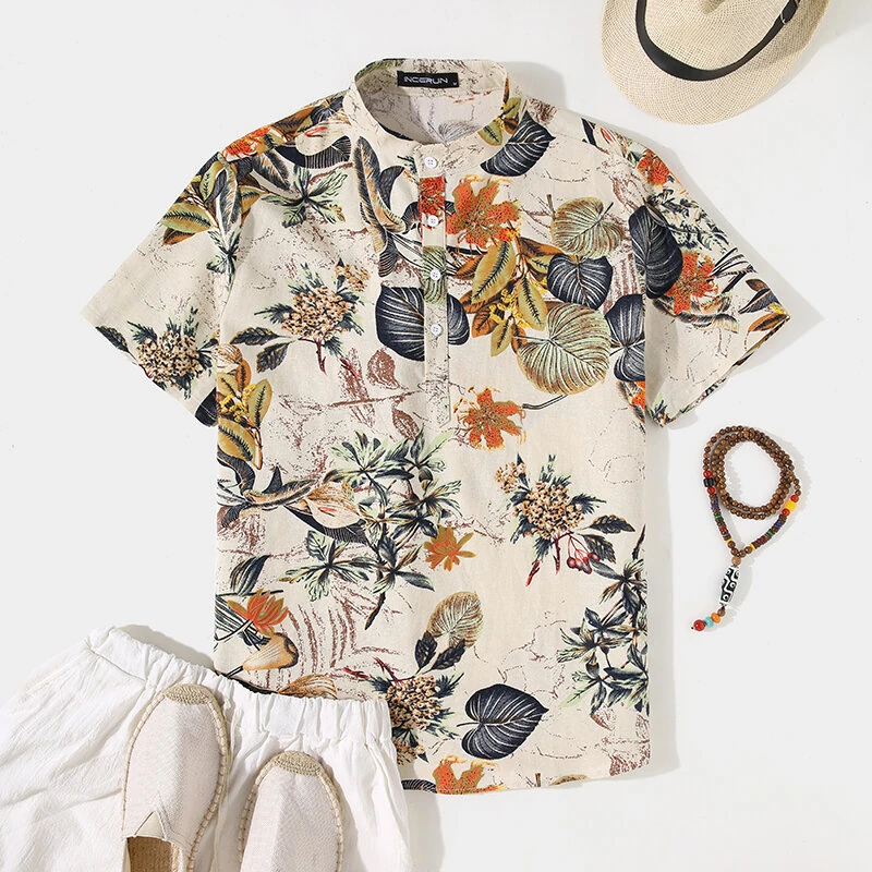 (image for) INCERUN Mens Shirts Hawaiian Short Sleeve Shirts Summer Holiday Beach Men Shirt Tropical Leaves Print Henley Shirts