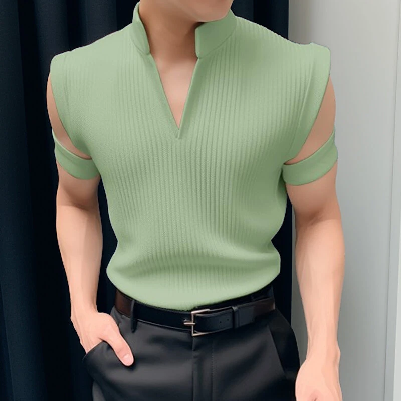 (image for) INCERUN Mens Solid Knit Textured Notched Neck T-Shirt Comfortable Stand Collar Short Sleeve Top for Male