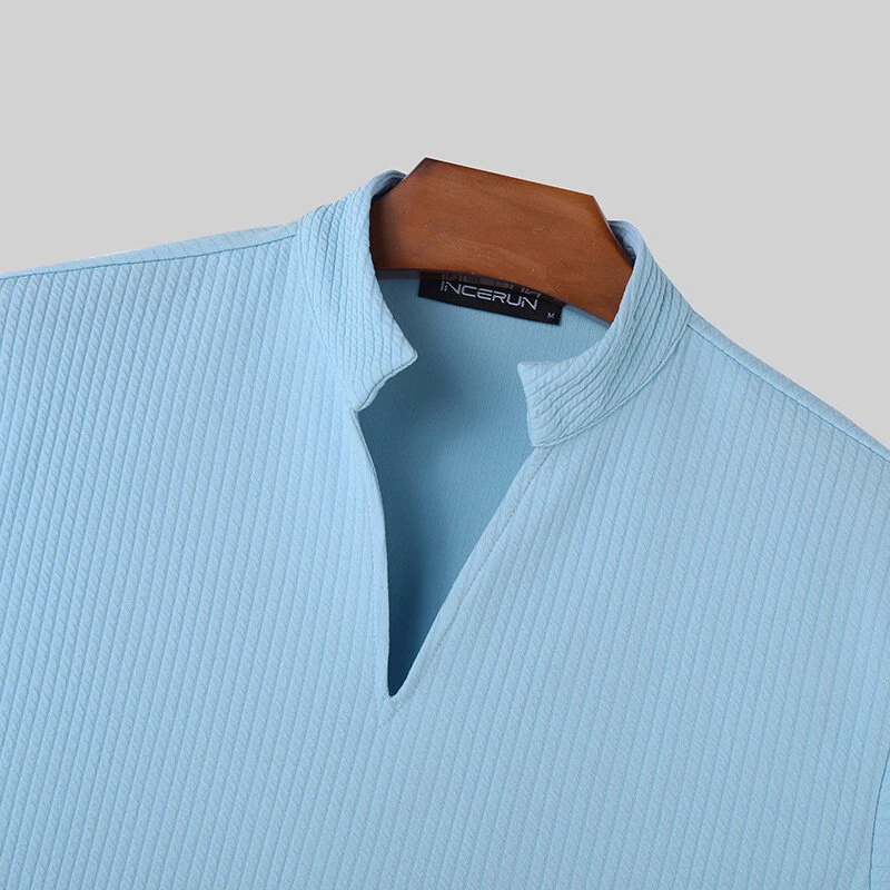 (image for) INCERUN Mens Solid Knit Textured Notched Neck T-Shirt Comfortable Stand Collar Short Sleeve Top for Male