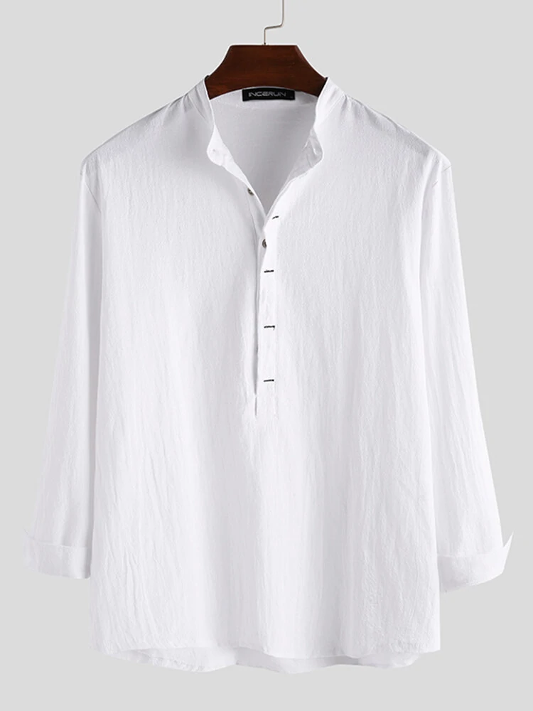 (image for) INCERUN Mens Solid Stand Collar Cotton Long Sleeve Henley Shirt