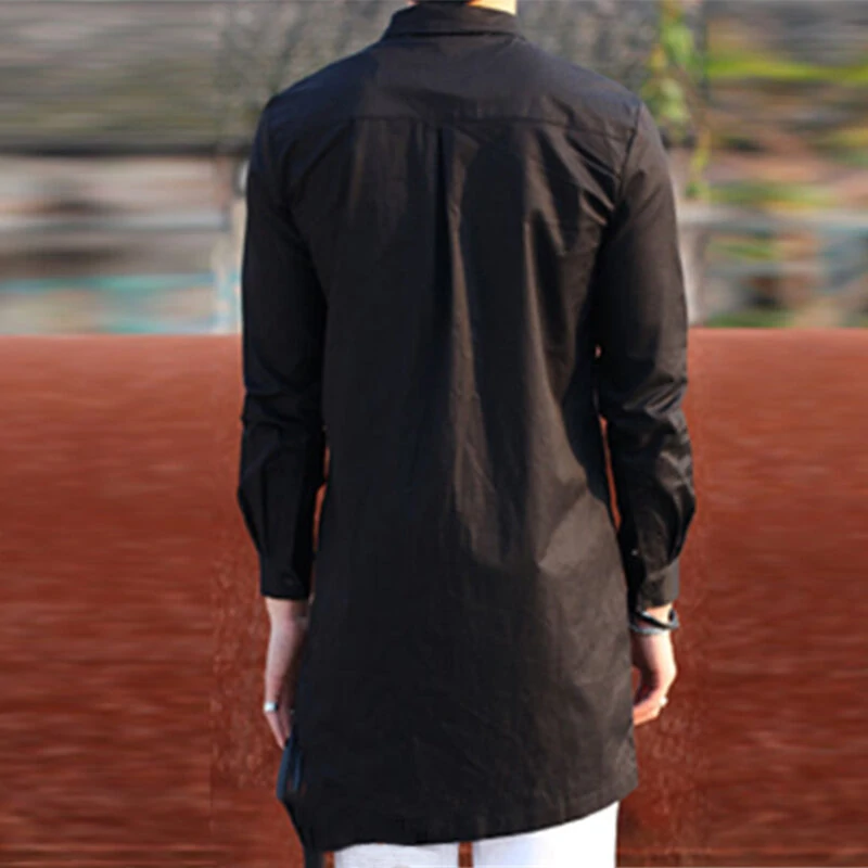 (image for) Men Solid Color Asymmetric Hem Long Sleeve Lapel Collar Shirt