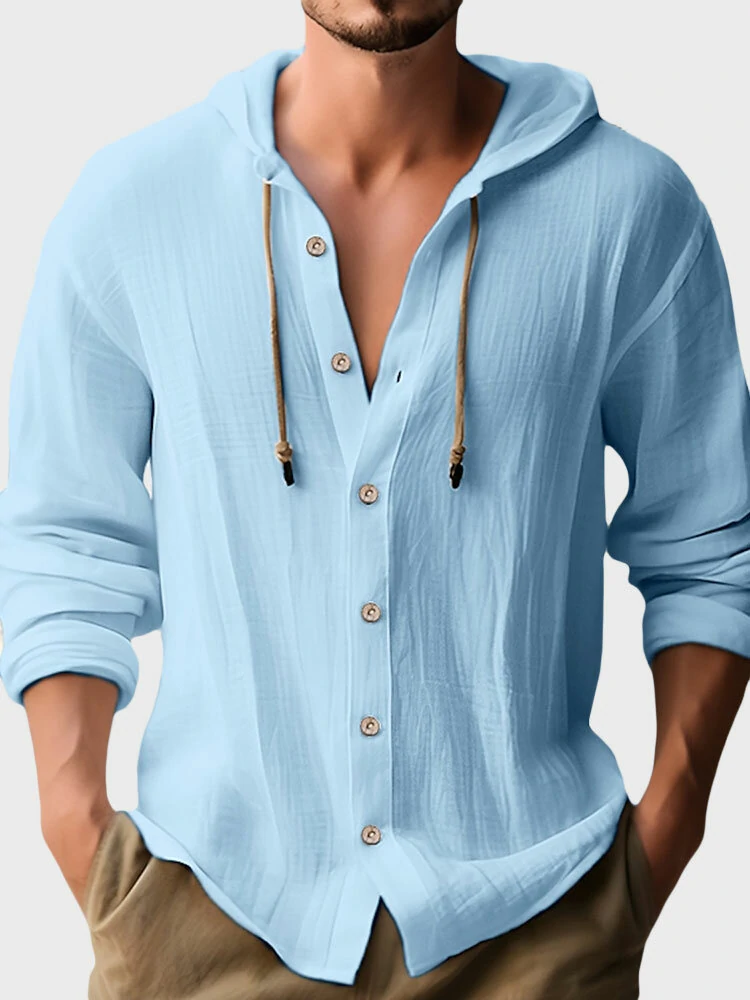 (image for) Mens Solid Button Up Long Sleeve Drawstring Hooded Shirts