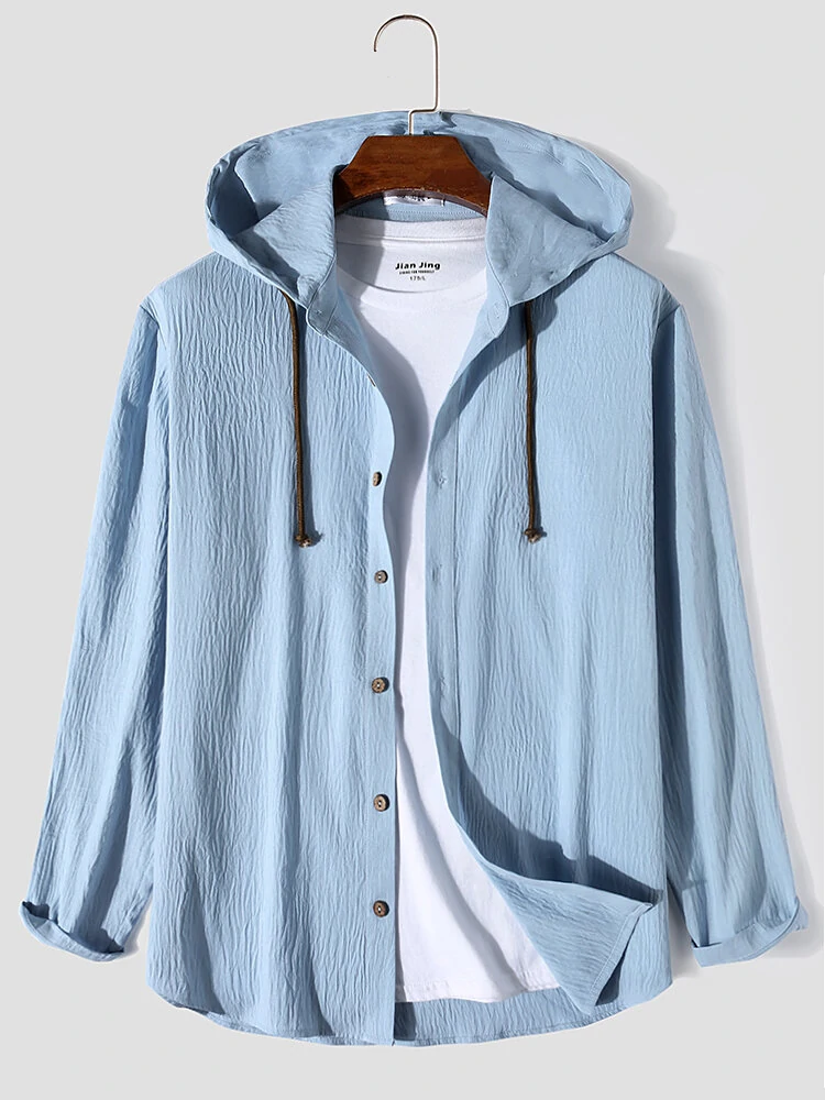 (image for) Mens Solid Button Up Long Sleeve Drawstring Hooded Shirts