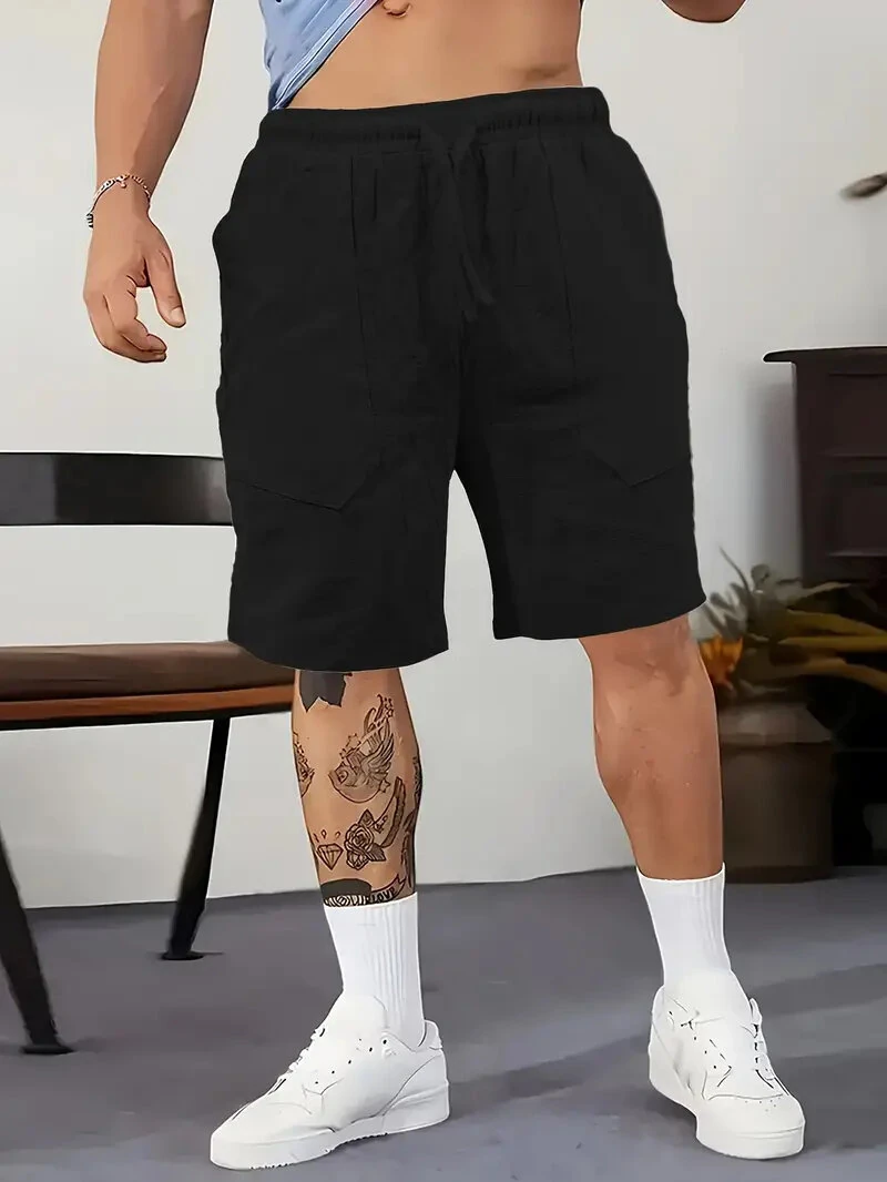 (image for) Men's Summer Cotton Linen Shorts Breathable Solid Black Drawstring Plus Size Beach Shorts Lightweight Casual Short Pants for Men Comfortable